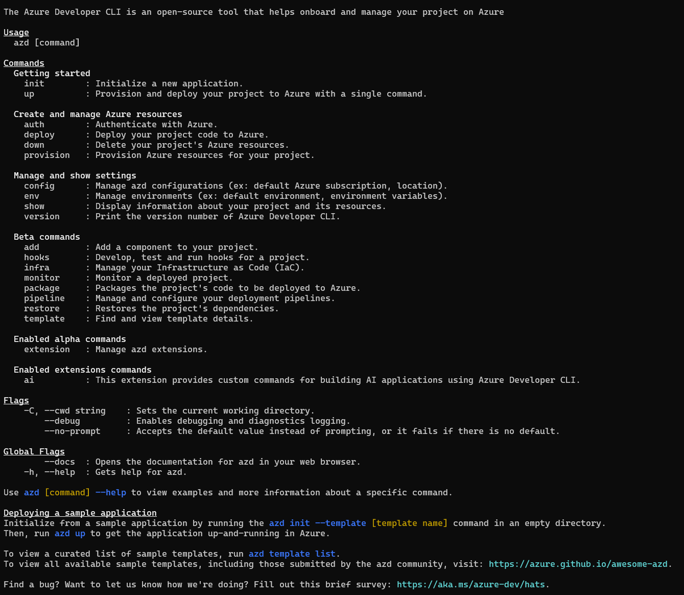Screenshot of the reorganized Azure Developer CLI menu showing categorized commands including standard, beta, and alpha features