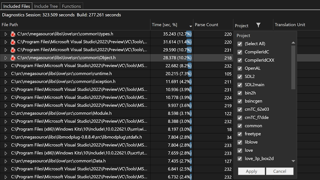 How to filter C++ Build Insights by project